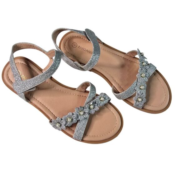 Pandaninjia Girls Dress Sandals 4 Open Toe‎ Silver Sparkle Floral Flat Shoes - Picture 1 of 10